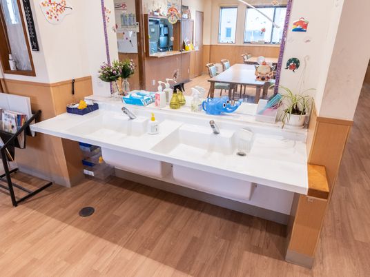 明るく清潔な洗面所の一角