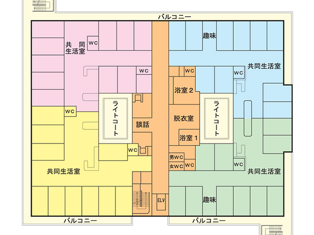 施設の間取り図 内観 施設内の各部屋や共有スペースの配置が一目でわかる間取り図です。効率的な動線が考慮されています。