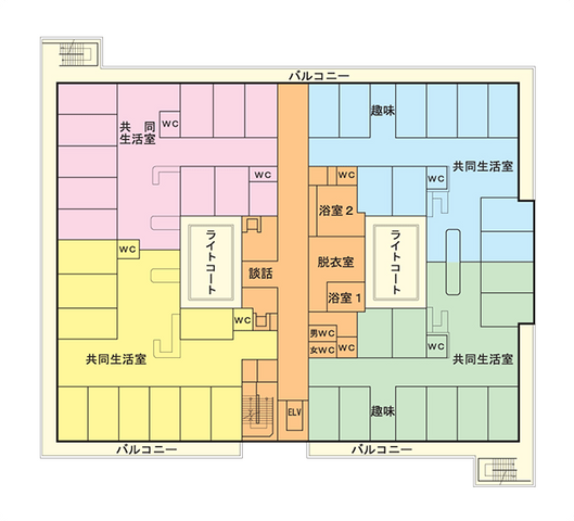 施設の間取り図 内観 施設内の各部屋や共有スペースの配置が一目でわかる間取り図です。効率的な動線が考慮されています。