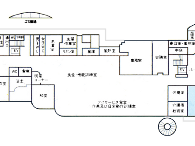 広い施設の見取り図 エントランス 広々とした施設の見取り図です。エントランスや多目的室の位置がわかります。