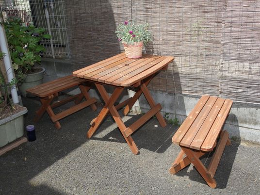 中庭の木製ベンチセット