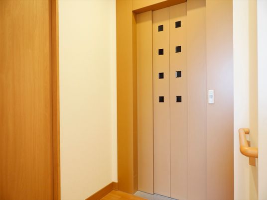 茶色の落ち着いた色合いのエレベーター。小さな窓が複数ついたデザイン性のある扉になっている。横の壁にはシンプルな行先ボタンが設置されている。
