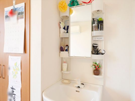 居室に設置された照明付きの洗面台でコンセントが２口ついている。鏡の両サイドには収納棚が取り付けられている。