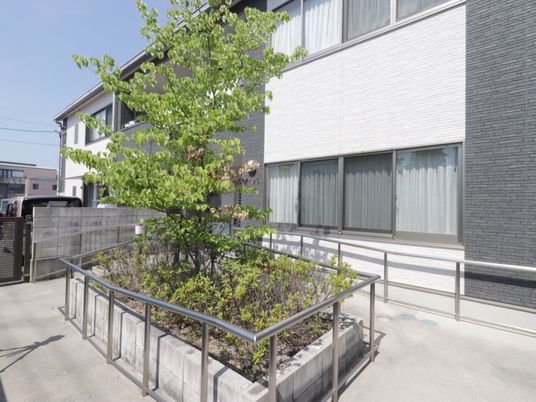 緑あふれる建物前の中庭