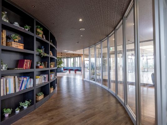 図書と植物のある廊下