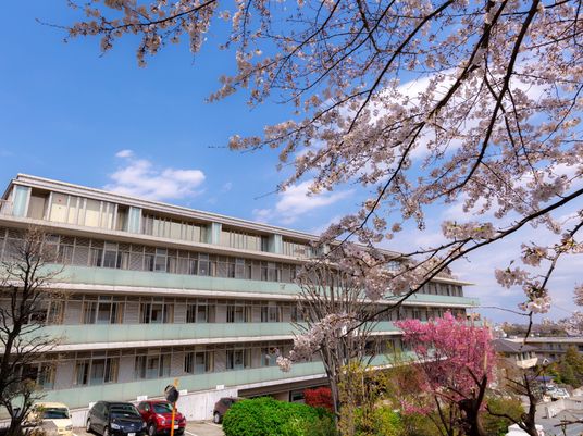 桜と施設の外観
