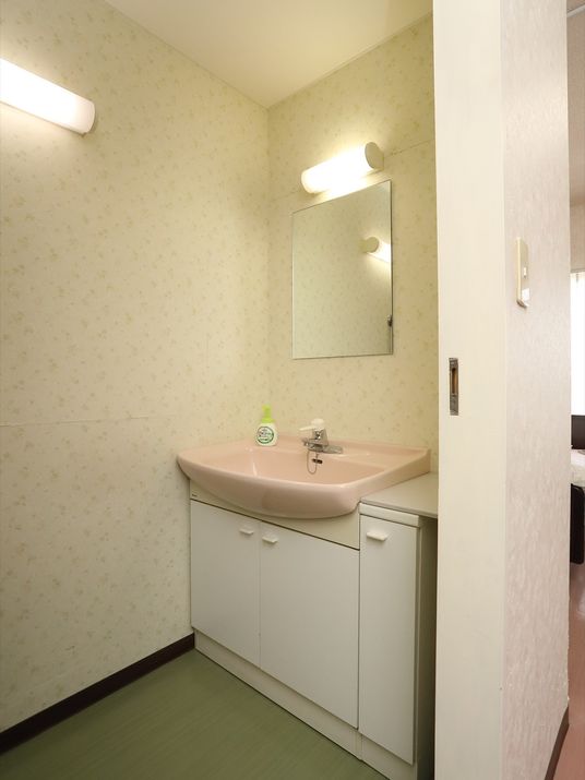 施設の写真 洗面台が壁際に設置されており、ハンドソープが置かれている。洗面台の下や隣は戸棚となっており、物を収納することができる。