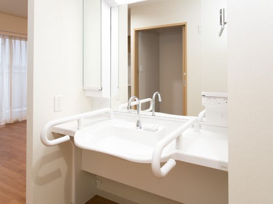 施設の写真 居室の入り口近くに洗面台がある。大きな鏡やタオルハンガーが設置されている。洗面台の横にコンセントが２口ある。