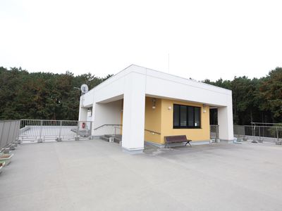白と黄色の建物の中庭