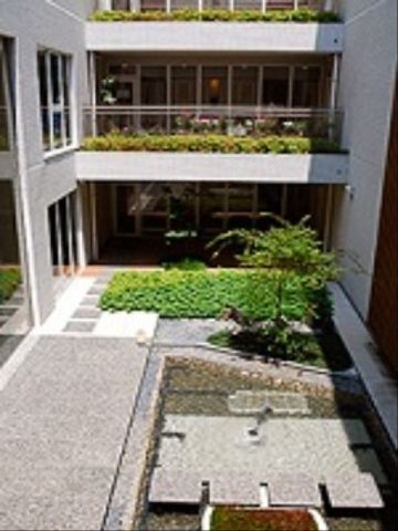 緑豊かな中庭の風景 中庭 緑に囲まれた穏やかな中庭は、日々の憩いの場所として訪れる方々に心の安らぎを提供しています。