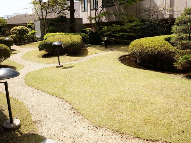 緑豊かな中庭の景色 日本庭園  手入れが行き届いた美しい中庭です。心地よい自然の中で、職員や利用者の方とのコミュニケーションも育まれます。