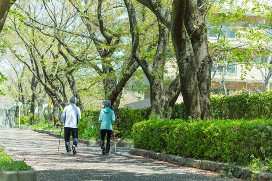並木道を歩く人々