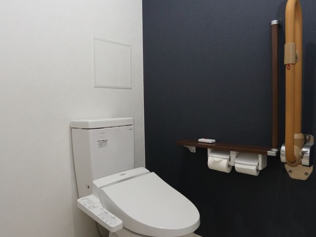 バリアフリートイレの配置 トイレ 手すり付きで安全性を考えた清潔感のあるトイレです。使いやすさに配慮して設計されており、皆さんの支援に活かせます。