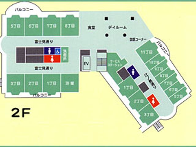 施設の2階フロアマップ 内観 フロア全体が見渡せる詳細なマップです。各部屋の配置や設備の位置が一目でわかります。