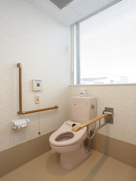 トイレは明るく清掃が行き届いている。便座の両側に手すりが設置されている。また、ナースコールが設置されている。
