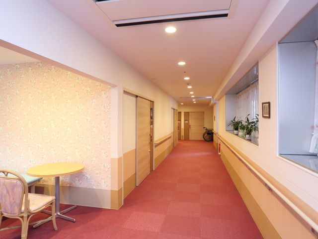 明るく清潔な廊下 通路 清潔感のあふれる廊下は、快適な移動空間を提供しており、小休憩のためのスペースも充実しています。