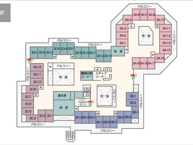 建物3階の見取り図 内観 施設の3階にある各部屋の配置が分かります。移動しやすい設計が特徴です。