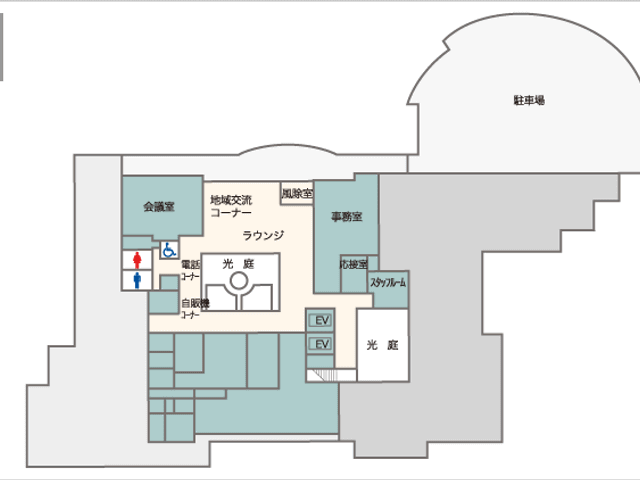 明るいフロアの図 ラウンジ 広々としたラウンジでは、自然光が差し込み、快適に過ごせます。リラックスできる空間です。