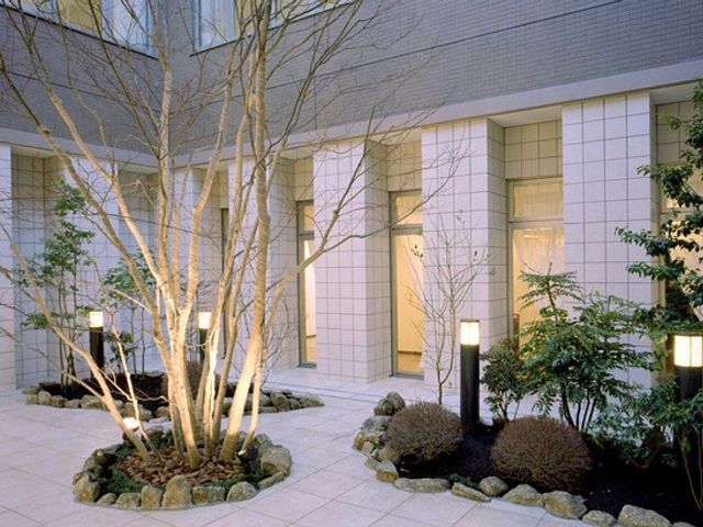 ライトアップされた中庭 中庭 夜間の中庭は、ライトアップされており、心安らぐ空間です。リラックスした気分で働けそうです。