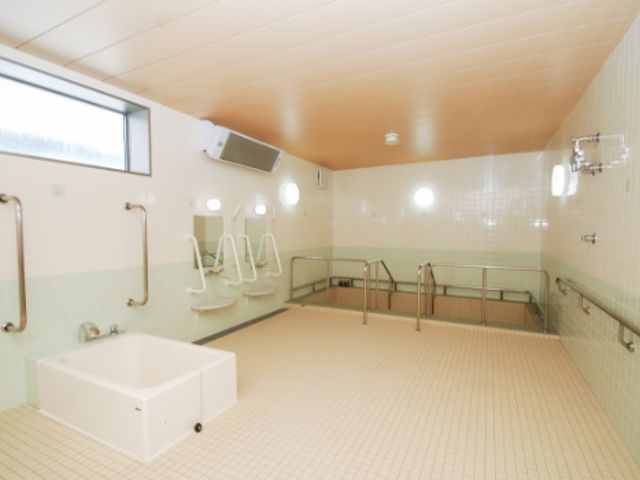 入浴設備が整った部屋 浴室 広々とした空間で、明るい自然光のもとで安心して入浴を楽しめます。手すりが充実しており、安全に配慮されています。