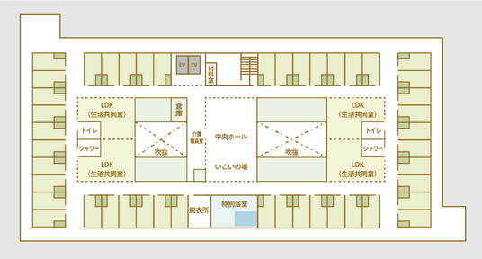 広い廊下と施設の見取り図