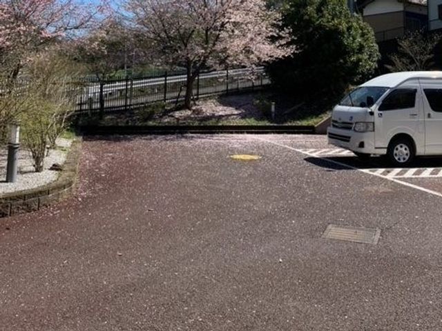 桜の見える駐車場外観 外観 桜並木の近くにある駐車スペースが見え、出入りしやすい印象です。敷地まわりは落ち着いた雰囲気で、働く前に施設の環境を確認しやすいです。
