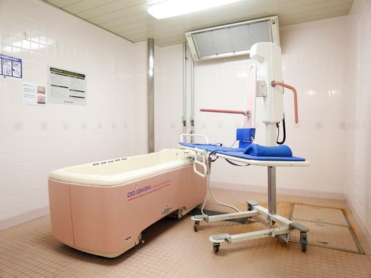 白とペールピンク色の特殊機械浴槽の横に、ブルーのマットが敷かれた浴室用のストレッチャーが置かれている浴室である。