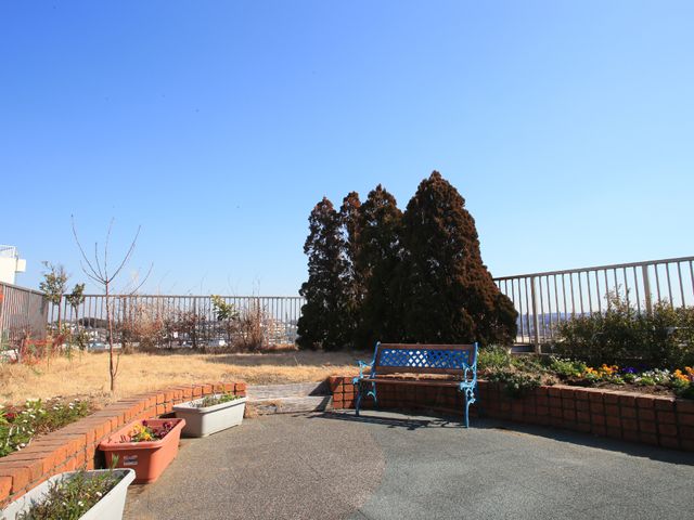 中庭にあるベンチと植物 庭園 心地よい日差しの中で、ベンチに腰掛けて植物の緑を楽しむことができる居心地の良い中庭です。青空の下、リフレッシュもできますね。