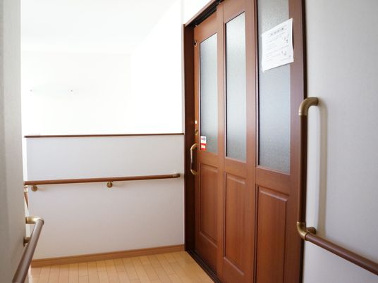 茶色の扉は３枚扉の引き戸になっており、握りやすい手すりタイプの取っ手が付いている。また、扉の脇と周辺の壁には手すりが設置されている。