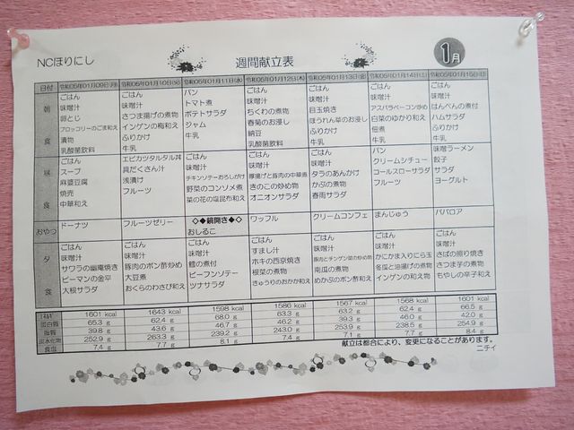 掲示されたメニュー表 献立表 栄養バランスを考慮した献立が確認できるメニュー表です。日々の食事管理に役立てていただけます。