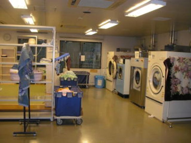 洗濯機が並ぶ洗濯室 コインランドリー 明るい照明の下で洗濯作業がしやすい空間です。大容量の洗濯機が効率良く配置されています。