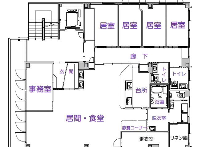 施設の間取り図 内観 居間と食堂が一体となった広々としたレイアウトです。介護スタッフにとっても快適な動線が整っています。