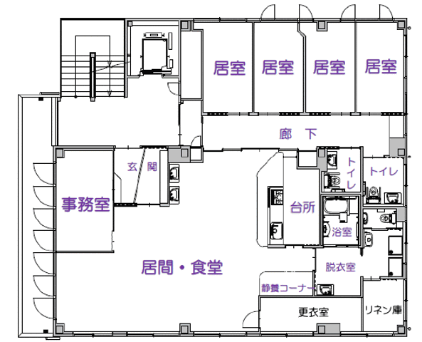 施設の間取り図 内観 居間と食堂が一体となった広々としたレイアウトです。介護スタッフにとっても快適な動線が整っています。
