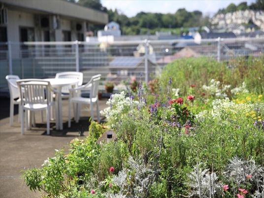 花とテーブルの中庭