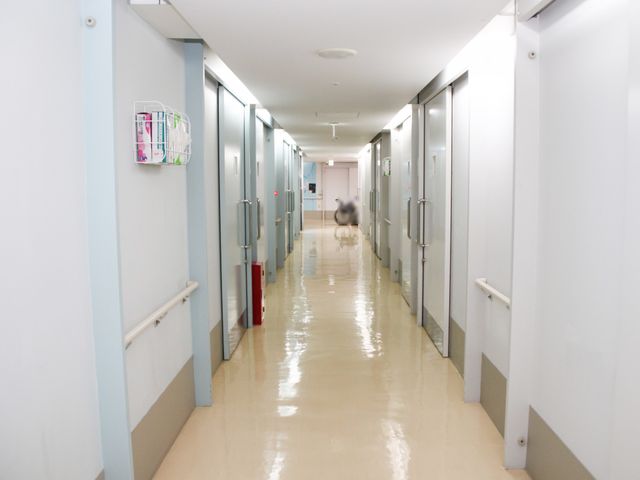 清潔な廊下の様子 廊下 光を反射する床がきれいな廊下は、訪れる方々に快適な通路を提供しています。手すりも設置され、安全に配慮されています。