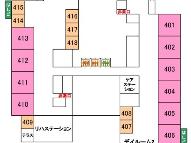 施設のフロア図 内観 施設内のフロア図です。色分けされた部屋の配置が一目でわかります。