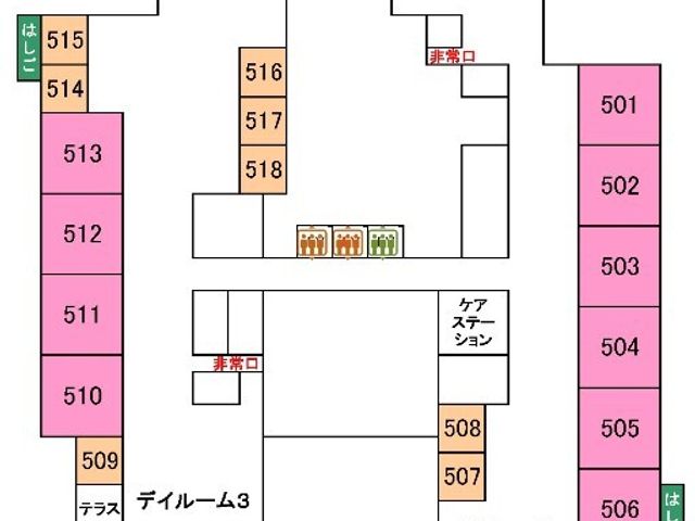フロア配置図 内観 施設内の各部屋の位置が分かるフロア図です。個室と4人部屋が配置されています。