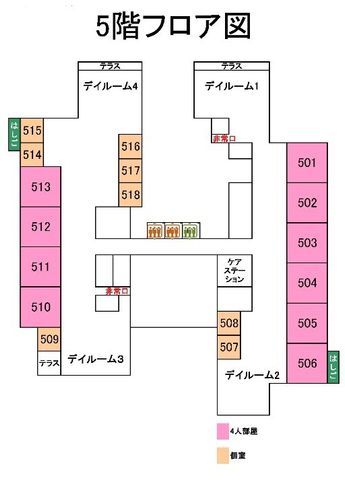 フロア配置図 内観 施設内の各部屋の位置が分かるフロア図です。個室と4人部屋が配置されています。