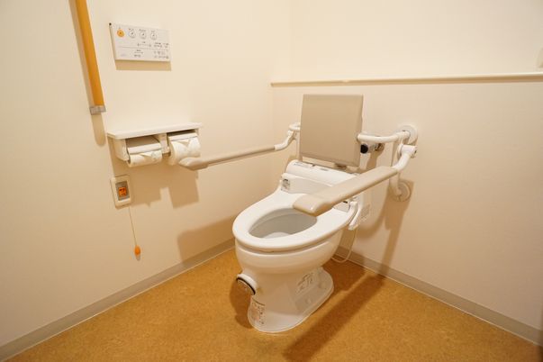 高齢者でも楽に座ることが可能な、手すりのついたトイレ