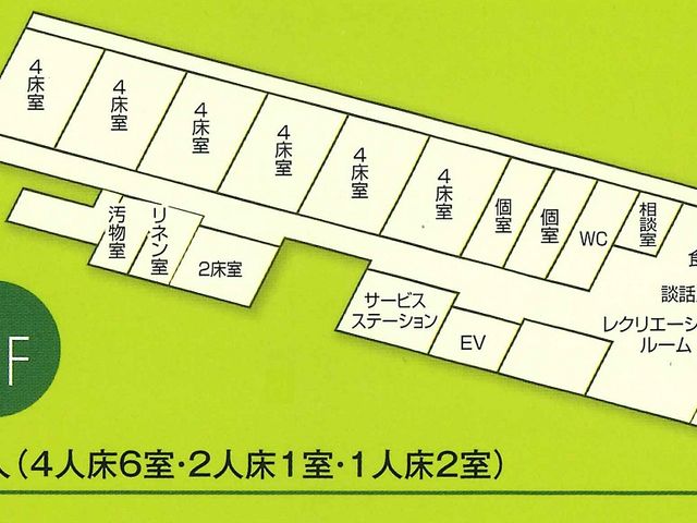 3階フロア平面図 内観 3階には28名収容可能な居室が配置されています。快適に過ごせるよう工夫された設計です。