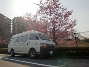 送迎車と桜の外観  