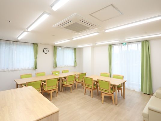 緑の椅子のある明るい食堂