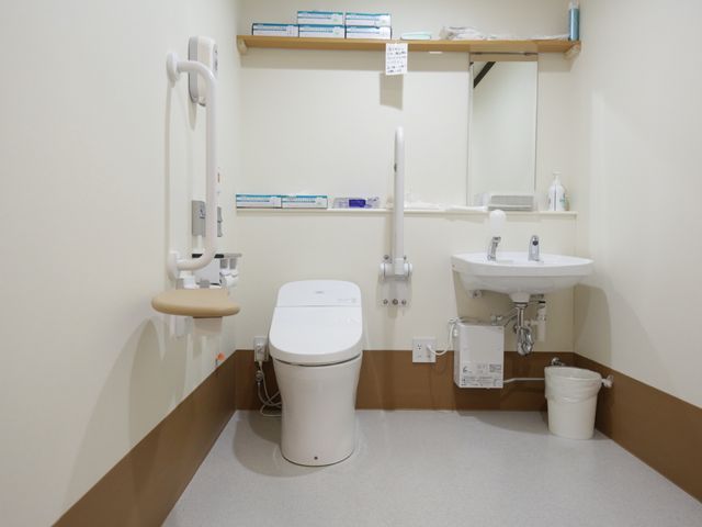 手すり付き清潔なトイレ 共用トイレ 手すりが備えられた清潔感あるトイレです。ご利用の方々の快適な日常生活を支援する設備が整っています。
