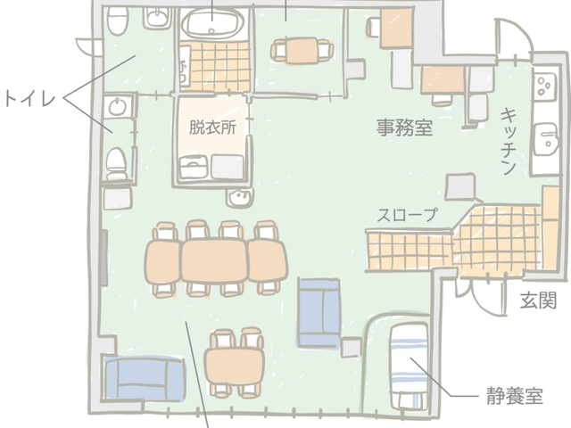 設備が充実した食堂 食堂 広々とした空間が自慢の食堂で、スロープがあり安心して移動できます。リラックスして利用可能です。