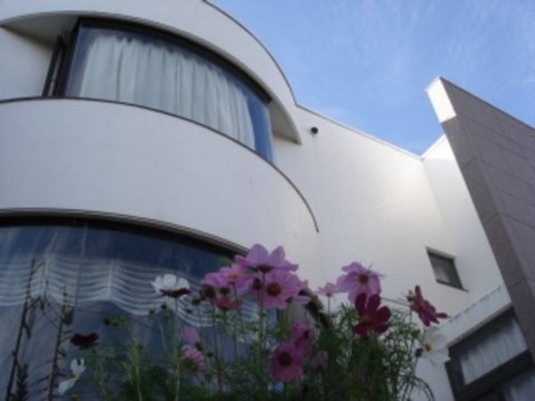 花と建物の外観