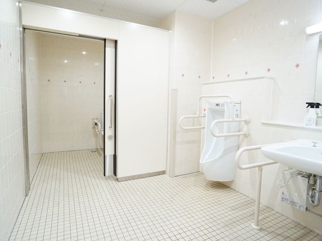 バリアフリーの洗面所設備 トイレ 安全に配慮した手すり付きの清潔な洗面所です。利便性を考えた設計で安心です。