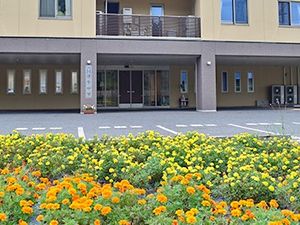花壇前の建物外観  