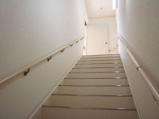 下から見た階段の様子。壁は白色で、左右に手すりが設置されている。階段も白色で、銀色の滑り止めが付いている。