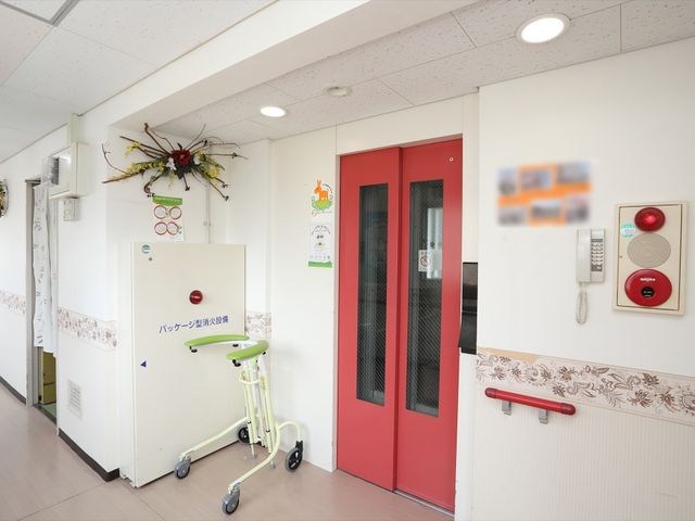 廊下と多機能扉 エレベーター 明るい廊下には掲示物が飾られ、安全な歩行をサポートするハンドレールが設置されています。利用者の方々の快適な移動を支援する設備が整っています。