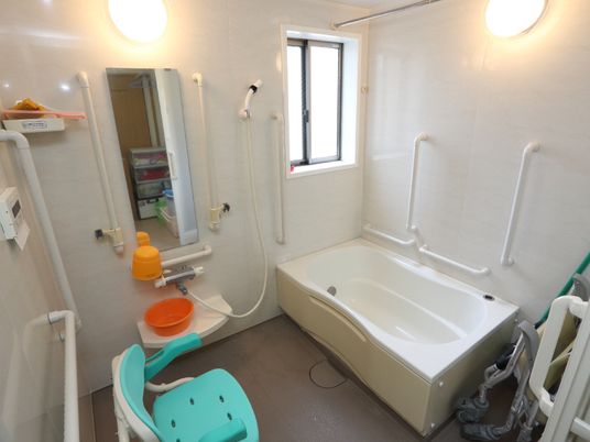 浴槽は低めで、壁側には、縦型、横型の手摺が各所の取り付けられている。洗い場には、シャワーがあり、背もたれ付きバスチェアーが置かれている。